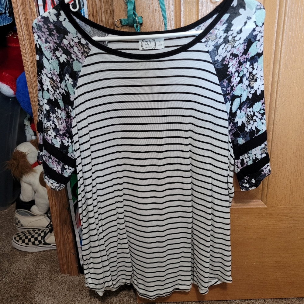 white stripped shirt with floral sleeves